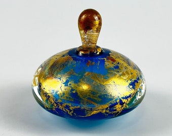 Vintage 1991 Matthew Buechner Thames Glass Perfume Bottle Cobalt Blue Gold Leaf