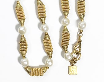 Anne Klein Necklace, Vintage Anne Klein Lion Head Logo Faux Pearl and Spiral Fancy Links Gold Tone Necklace, Long Pearl Gold Necklace