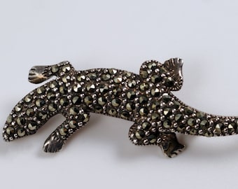 Vintage Sterling Silver Marcasite Lizard Salamander Gecko Figural Pin Brooch