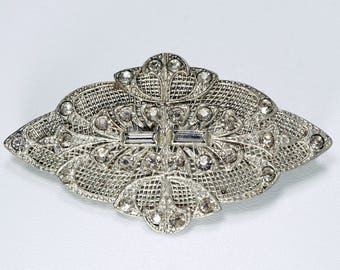 Spilla Art Déco, Spilla in metallo a forma di vaso, Spilla con strass, Spilla in argento, Spilla con diamanti, Spilla vintage Art Déco in metallo a forma di vaso con strass