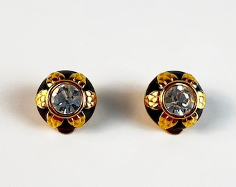 Vintage Fendi Clear Crystal Black Enamel Round Button Gold Tone Floral Clip On Earrings, Haute Couture Designer Jewelry