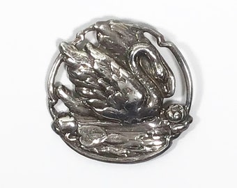 Vintage Art Nouveau Style Swan Water Lily Lotus Flower Pond Sterling Silver Repousse Cut Out Pin Brooch