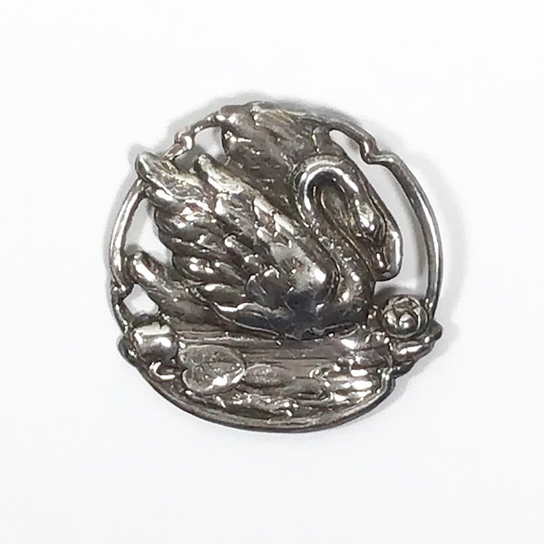 Vintage Art Nouveau Style Swan Water Lily Lotus Flower Pond Sterling Silver Repousse Cut Out Pin Brooch