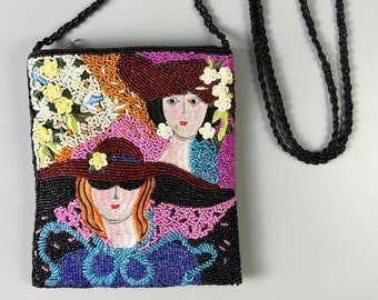 Vintage Seed Bead Purse Victorian Art Deco Revival Two Ladies Garden Flowers, Black Pink Blue White Beaded Purse Bag Handbag, OOAK Unique