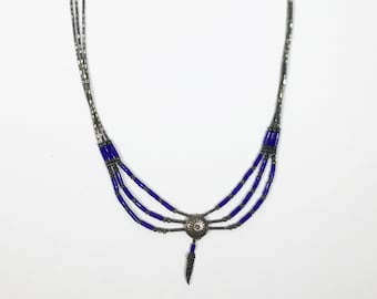 Vintage Southwestern Sterling Silver Cobalt Blue Sun Necklace, Liquid Silver Necklace, Feather Necklace, Multi Strand Beaded Necklace