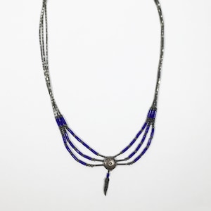 Vintage Southwestern Sterling Silver Cobalt Blue Sun Necklace, Liquid Silver Necklace, Feather Necklace, Multi Strand Beaded Necklace