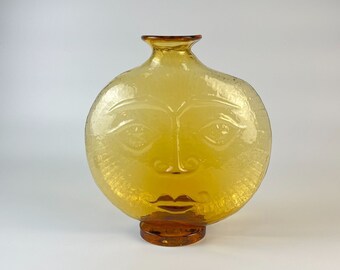 Vintage Blenko 9525 Wayne Husted Design Topaz Omnibus Sun Face Vase Yellow Amber Glass