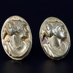 Vintage Victorian Revival Cameo Oval Gold Clip on Earrings, Antique Jewelry, Aphrodite Greek Goddess of Love, Classic Mythology, Roman Venus