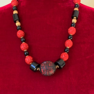 Vintage Chinese Black and Red Cinnabar Bead Necklace, Faux Black Onyx & Gold Spacer Beads Necklace, Boho Chic Oriental Asian Necklace