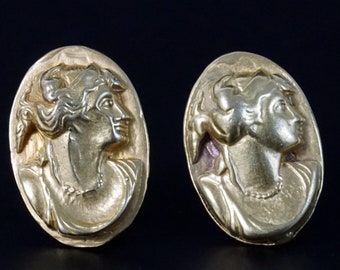 Vintage Victorian Revival Cameo Oval Gold Clip on Earrings, Antique Jewelry, Aphrodite Greek Goddess of Love, Classic Mythology, Roman Venus