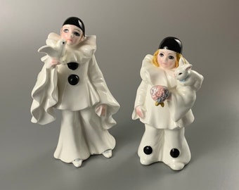 Vintage Schmid Michel Oks 1981 Pierrot Ceramic Figurines, Baby Love Bunny, Pierrot Love Dove, Nursery Decor, Shelf Decor, Boy Girl Figurines