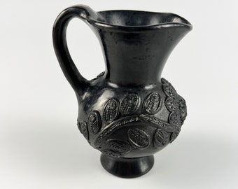 Vintage Oaxaca Mexico Black Pottery Small Footed Floral Pitcher, Mexican Ceramics, Ethnic Art Pottery, Handmade Home Decor, Miniature Vase