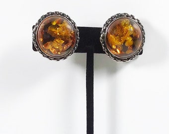 Vintage Statement Baltic Honey Amber Sterling Silver Braided Round Clip On Earrings, DOme Earrings, Chunky Earrings Silver, Amber Earrings