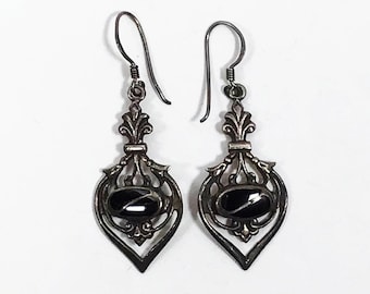Art Nouveau Sterling Silver Black Onyx Teardrop Drop Dangle Earrings, Antique Earrings