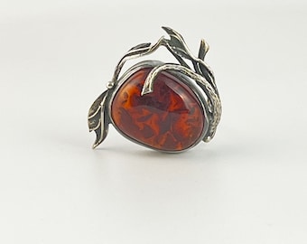 Antique European 800 Silver Cognac Baltic Amber Handwrought Leaf Fruit Pin