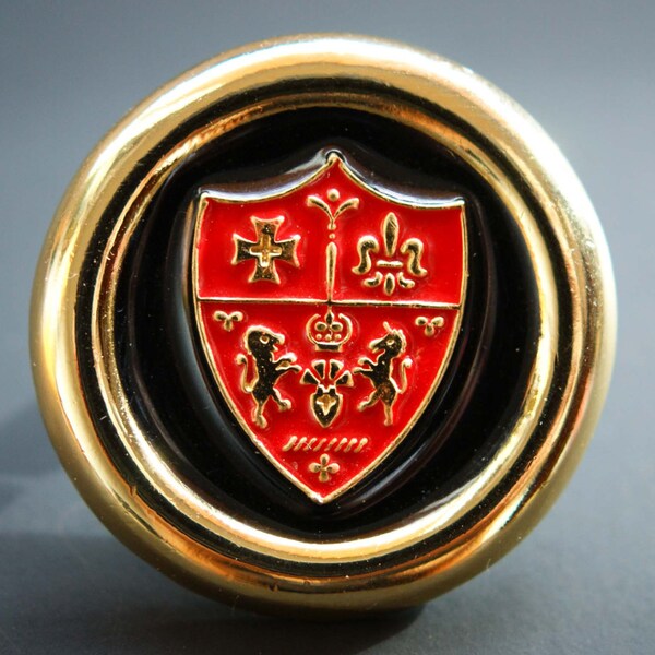 Vintage Black and Red Enamel Heraldic Coat of Arms Button Pierced Earrings