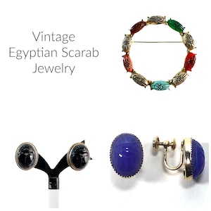 Vintage Egyptian Scarab Jewelry, Burt Cassell Blue & Art Deco Black Sterling Silver Earrings, Multicolor Circle Wreath Brooch, Gold Filled