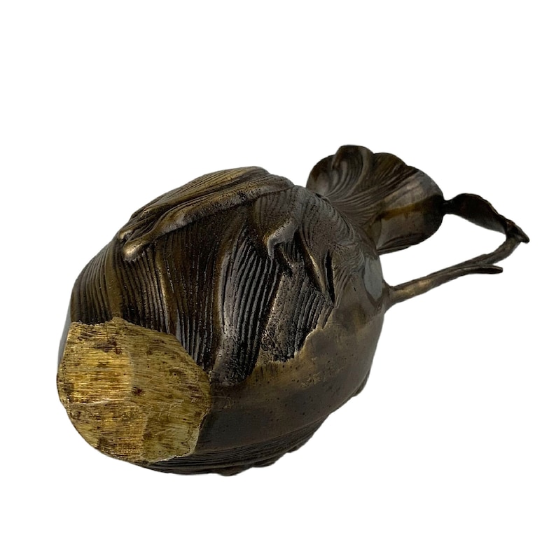 Pu&ograve; includere: Una scultura in bronzo di un uccello con una superficie dettagliata e testurizzata. L'uccello ha un collo lungo e curvo e una piccola testa. La scultura &egrave; in stile vintage.