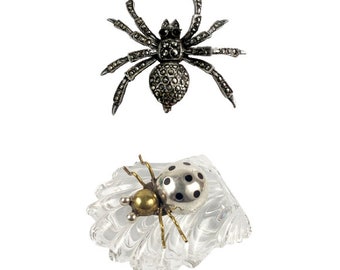 Insect Jewelry, Sterling Silver Marcasite Spider Pin Brooch, Vintage Taxco Mexico Sterling Silver Brass and Enamel Ladybug Lady Bug