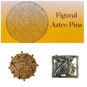 Vintage Tribal Ethnic Aztec Mayan Jewelry, Aztec Temple Stone Sun Disk, Warrior Head Face Brooch Pin Pendant Unisex, Mayan Calendar