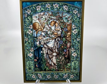 Vintage Stained Glass Reproduction of the Madonna of the Flowers by Louis Comfort Tiffany Suncatcher Panel Wall Hanging, Art Nouveau Home