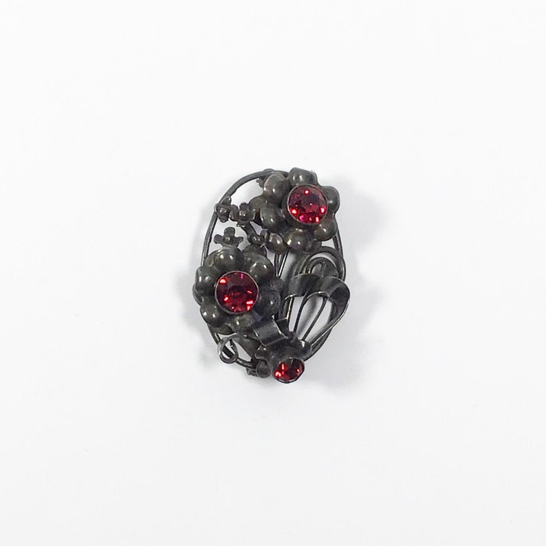 Hobe Jewelry Vintage HOBE Sterling Silver Floral Oval Pin Brooch with Ruby Red Rhinestones 1940s Fashion