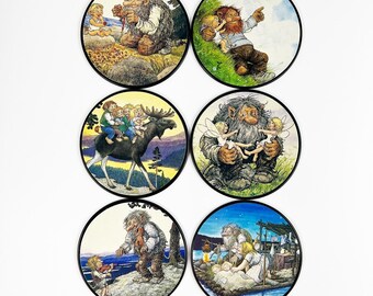 Rolf Lidberg Troll Coasters Scandinavian Folk Art by Way Nor Set of 6, Unique Round Coasters, Kids, Gifts