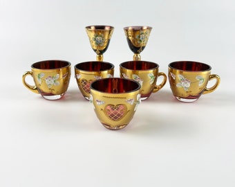 Vintage Czech Bohemian Glass Enamel Demitasse Cups Venetian Cordial Glasses Lot