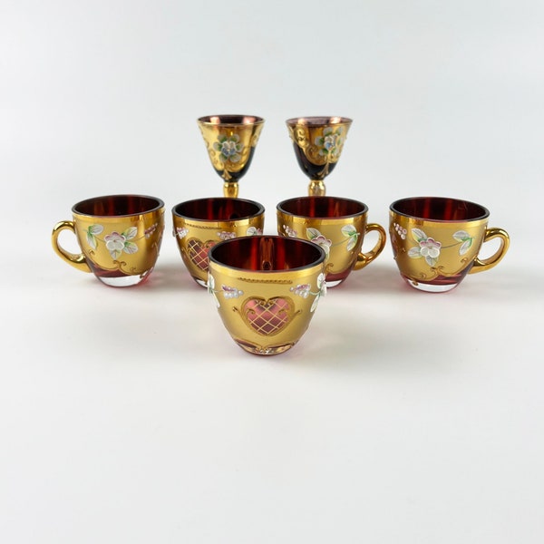 Vintage Czech Bohemian Glass Enamel Demitasse Cups Venetian Cordial Glasses Lot