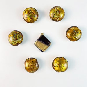 Gold Foil Venetian Murano Glass Confetti Lampwork Round Beads + Blue Pendant