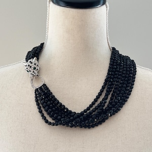 Vintage1980s KJL Kenneth J Lane for Avon Pave Rhinestone Leopard Panther Head Jet Black Glass Beaded Multi Strand Torsade 21" Necklace