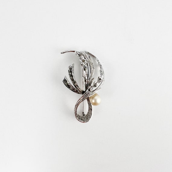 Vintage Sterling Silver Pearl Floral Leaf Spray B… - image 4