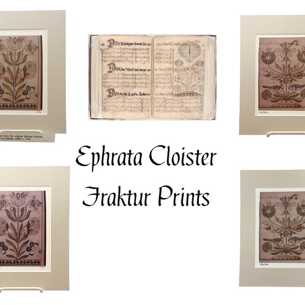 Limited Edition Pennsylvania German Ephrata Cloister Hymnal Fraktur Print, Folk Art, Botanical Print Illustration, Matted Wall Prints Floral