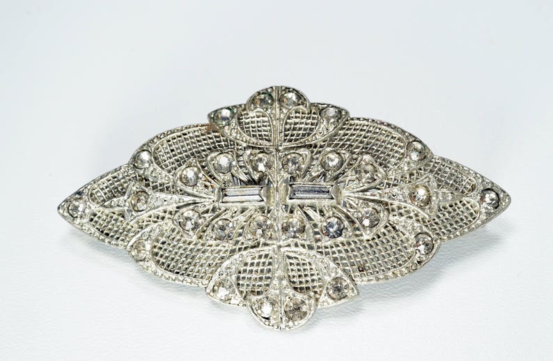 Art Deco Brooch Vintage Art Deco Pot Metal Rhinestone Paste Brooch Pin Rhinestone Brooch Silver Brooch Pot Metal Brooch Diamante Brooch
