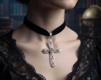 Large Silver Tone Filigree Cross Pendant, Miraculous Medal Religious Keepsake, 4"