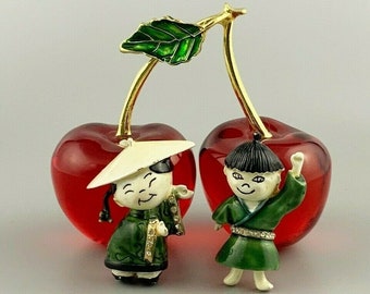 Rare Vintage Kramer Pair of Enamel Oriental Asian Chinese Boy Girl Pins Brooches, Figural Jewelry Pin,