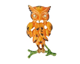 Vintage Original by Robert Enameled Owl Pin Brooch, Vintage Owl Jewelry, Orange Owl Bird Pin, Halloween Thanksgiving Fall Autumn Gift Idea