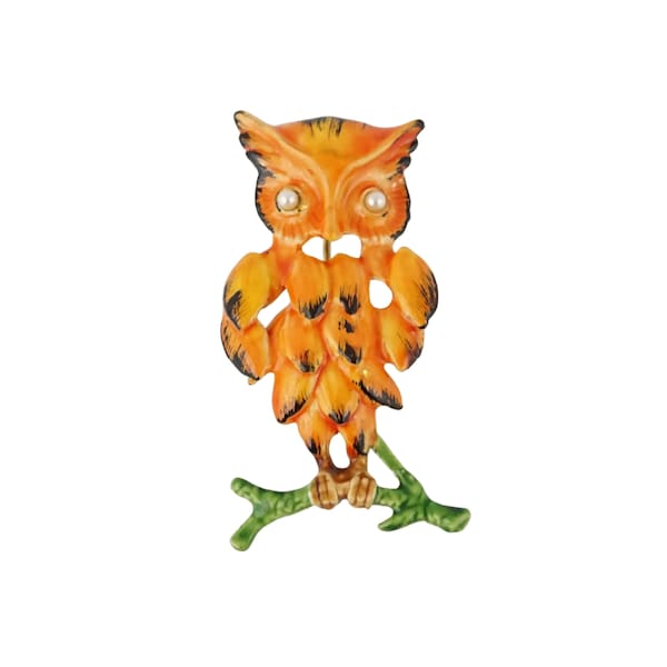 Vintage Original by Robert Enameled Owl Pin Brooch, Vintage Owl Jewelry, Orange Owl Bird Pin, Halloween Thanksgiving Fall Autumn Gift Idea