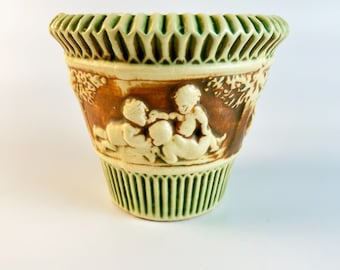 Vintage 1916 Roseville Art Pottery Donatello Ceramic Small Flower Pot Planter, American Made, Flower Pot, Antique Cherubs, Indoor Gardening