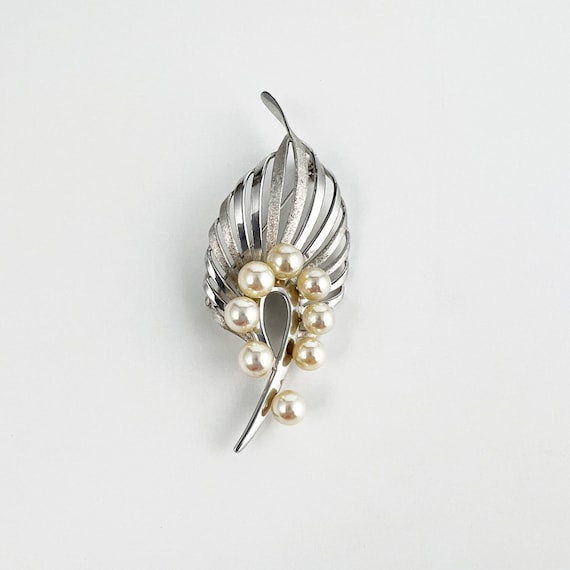 Vintage Sterling Silver Pearl Floral Leaf Spray B… - image 2