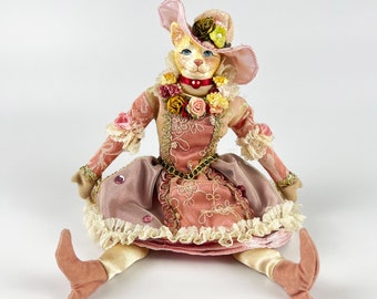 Vintage Wayne Kleski Katherine's Collection Victorian Doll Cat Dusty Rose Dress and Hat