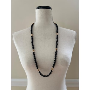 Vintage 14K geelgouden en ronde zwarte onyx kraal 33&quot; ketting