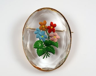 Vintage Reverse Painted Intaglio Glass Floral Violets Oval Gold Tone Pin