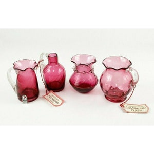 Vintage Pilgrim Pink Cranberry Glass Creamers Pitcher Cruet Bud Vase Lot Thanksgiving Decor, Cranberry Glassware, Holiday Table Setting
