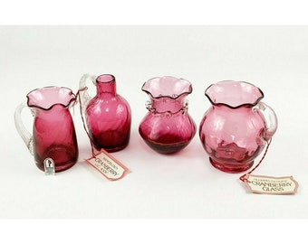 Vintage Pilgrim Pink Cranberry Glass Creamers Pitcher Cruet Bud Vase Lot Thanksgiving Decor, Cranberry Glassware, Holiday Table Setting