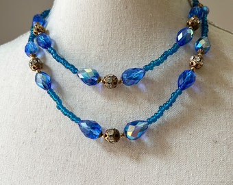 Vintage Double Strand Faceted Royal Blue Crystal Glass Spacers Beaded Necklace