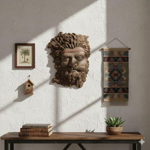 May include: A wall-mounted, brown, sculpted face with a beard and a red headband. The face is the focal point, with a framed picture, a small birdhouse, and a woven wall hanging also visible. A wooden table holds books and a potted plant.