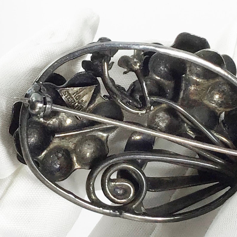Hobe Jewelry Vintage HOBE Sterling Silver Floral Oval Pin Brooch with Ruby Red Rhinestones 1940s Fashion