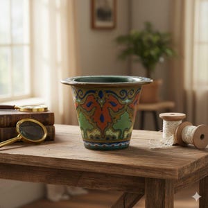 May include: A decorative ceramic planter with a wide rim and a flared body. The planter features a colorful pattern of orange, green, and blue stylized leaves and swirls. The rim and base are a darker green.
