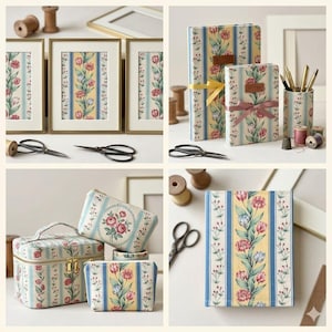 May include: A selection of floral-patterned stationery and accessories. Includes framed art, notebooks, a pencil holder, and cosmetic bags. The design features vertical stripes with red, blue, and yellow floral elements. Scissors, spools of thread, and a thimble are also shown.